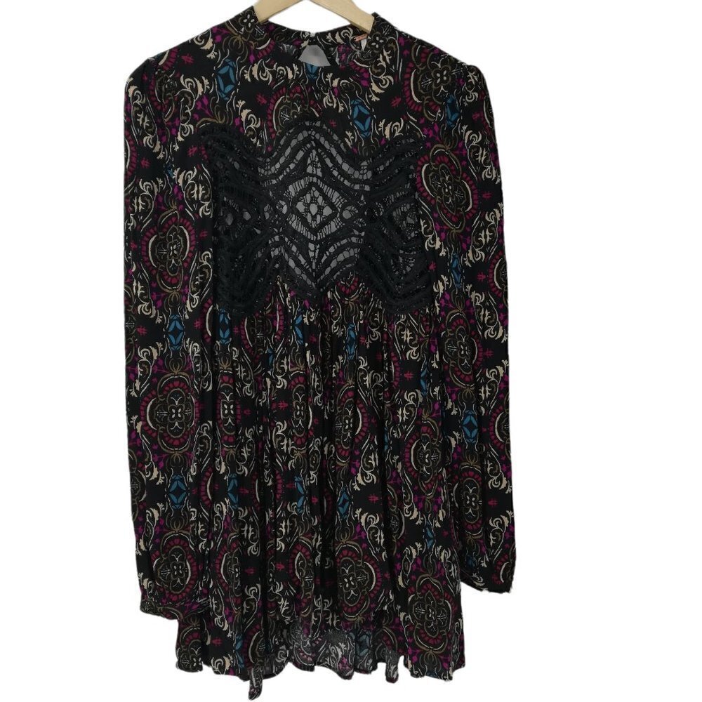 Free People Boho Lace Tunic Mini Dress Size XS Sheer Open Back Long Sleeve Black - Picture 2 of 13